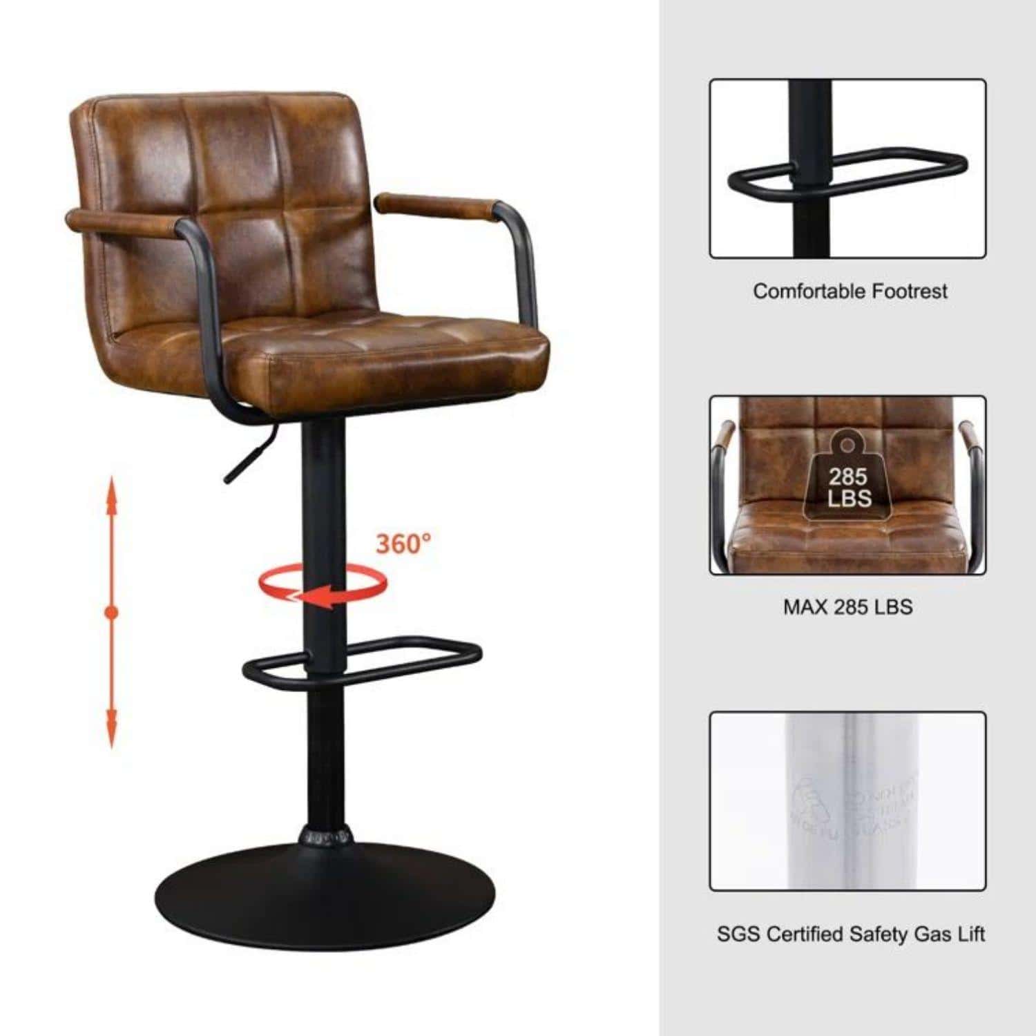 Fumahaus Tufted Barstools Set Of 2  Modern PU Leather Upholstered Counter Height Stools With Footrest Luxurious Adjustable Bar Stools With Armrest For Dining Room Kitchen Room Decor - Rỉ Nâu - Xem 7