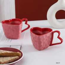 1pc Korean Version Couple Heart Shaped Custom Pattern Design Ceramic Mug Household Couple Coffee Cup Back To School - Pink - View 3