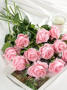 2/5/11 花束人造丝花逼真玫瑰花束长茎婚礼墙卧室办公室家居装饰 DIY 新娘送礼会花卉中心装饰生日派对装饰（无瓶）、情人节、礼物 - 粉色 - 查看 2