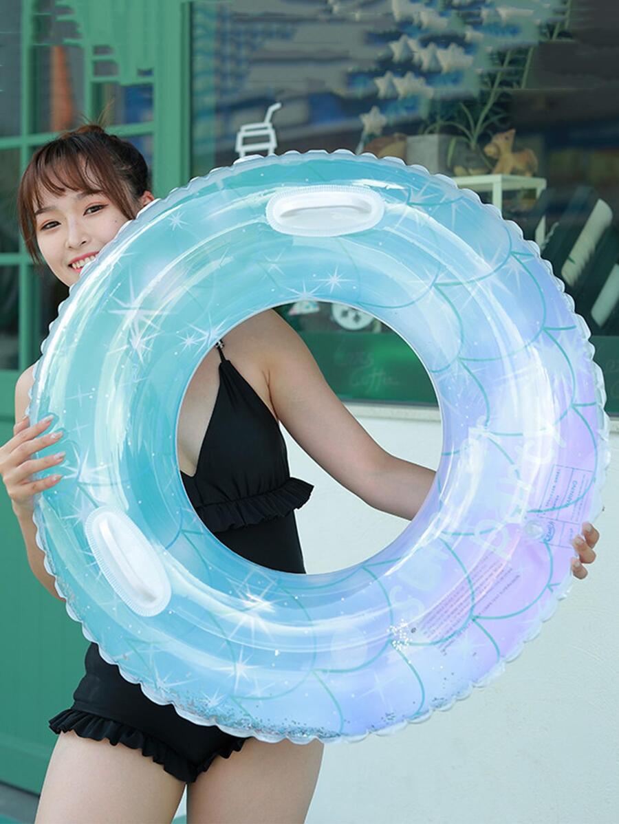 1入組星星和魚鱗圖案充氣游泳圈帶手柄 - 藍色 - 查看 1