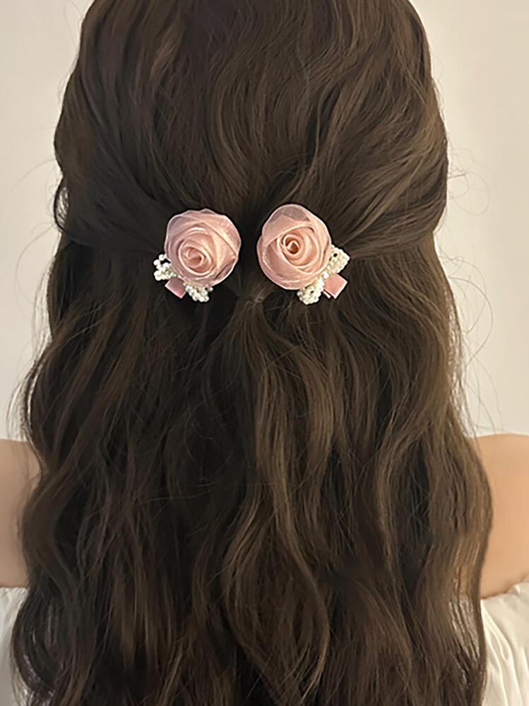 Flower & Faux Pearl Decor Alligator Hair Clip - Pink - View 3