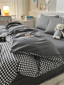 Gingham Pattern Duvet Cover Set(1 Duvet Cover & 2 Pillowcase & 1 Sheet) Modern Fabric Bedding Set For Home, All Season - Multicolor - View 4