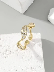 1 件时尚独特的方晶锆石扭曲形状开口戒指，女士个性珠宝，男女通用，闪亮，优质镀铜材质，流行配饰 - 金黃色 - 查看 8