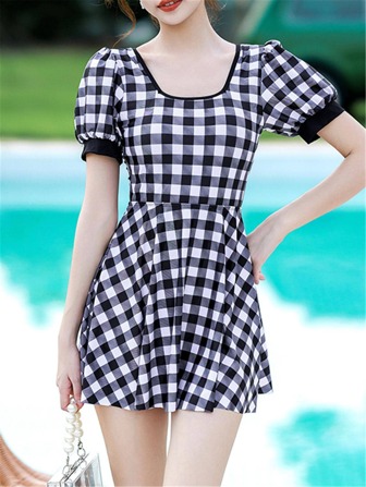 Gingham Puff Sleeve Tie Back One Piece Swim Dress Summer