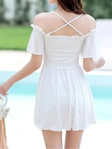 Frill Trim Lace Up Front One Piece Swimsuit - White - View 2