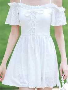 Frill Trim Lace Up Front One Piece Swimsuit - White - View 5