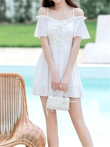 Frill Trim Lace Up Front One Piece Swimsuit - White - View 7