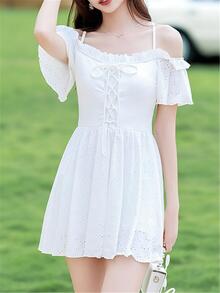 Frill Trim Lace Up Front One Piece Swimsuit - White - View 4