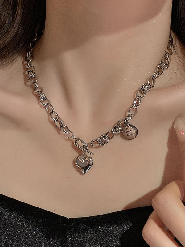 1pc Silver Heart Pendant Necklace, Minimalist Design For Everyday Wear