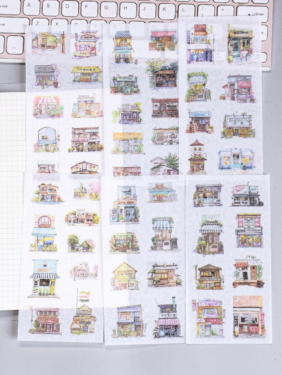 6入組店鋪圖案創意多用途裝飾貼紙適用於手帳裝飾用品 - 彩色 - 查看 1