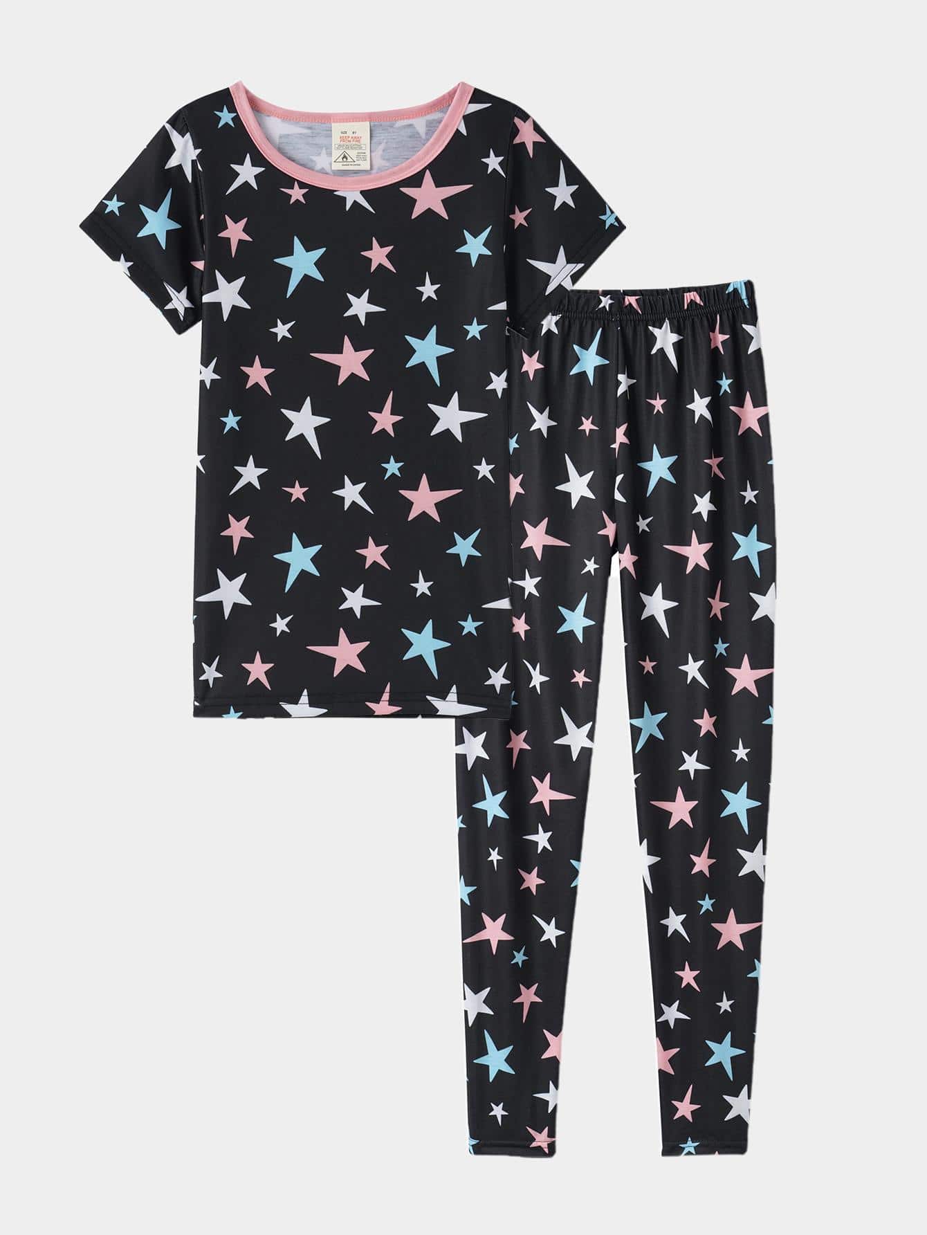 Girls Star Print Contrast Binding Tee & Trousers Snug Fit PJ Set - Black - View 1