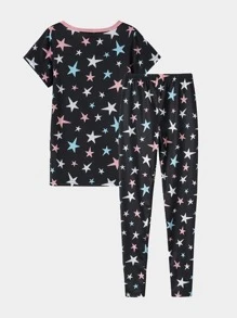 Girls Star Print Contrast Binding Tee & Trousers Snug Fit PJ Set - Black - View 2