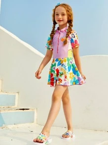 女孩印花前拉鍊連體泳衣 - 彩色 - 查看 3