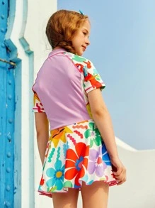 女孩印花前拉鍊連體泳衣 - 彩色 - 查看 2