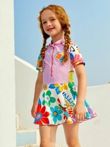 女孩印花前拉鍊連體泳衣 - 彩色 - 查看 1