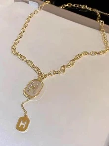 字母細節幾何吊墜項鍊 - 金黃色 - 查看 3