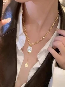 字母細節幾何吊墜項鍊 - 金黃色 - 查看 2