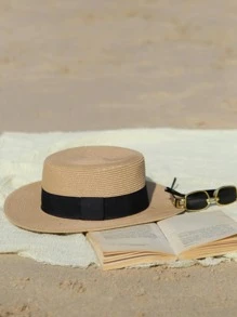1pc Women Two Tone Boho Straw Hat For Outdoor Travel Valentine's Day Valentines