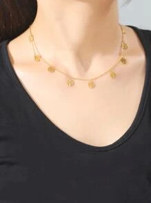 1入組時尚不銹鋼樹紋吊墜項鍊適合女士日常裝飾 - 圓環樹-金黃色 - 查看 2