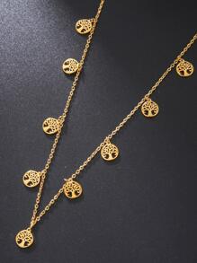 1入組時尚不銹鋼樹紋吊墜項鍊適合女士日常裝飾 - 圓環樹-金黃色 - 查看 3