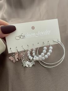 5pairs/set Butterfly & Faux Pearl Decor Earrings - Multicolor - View 1