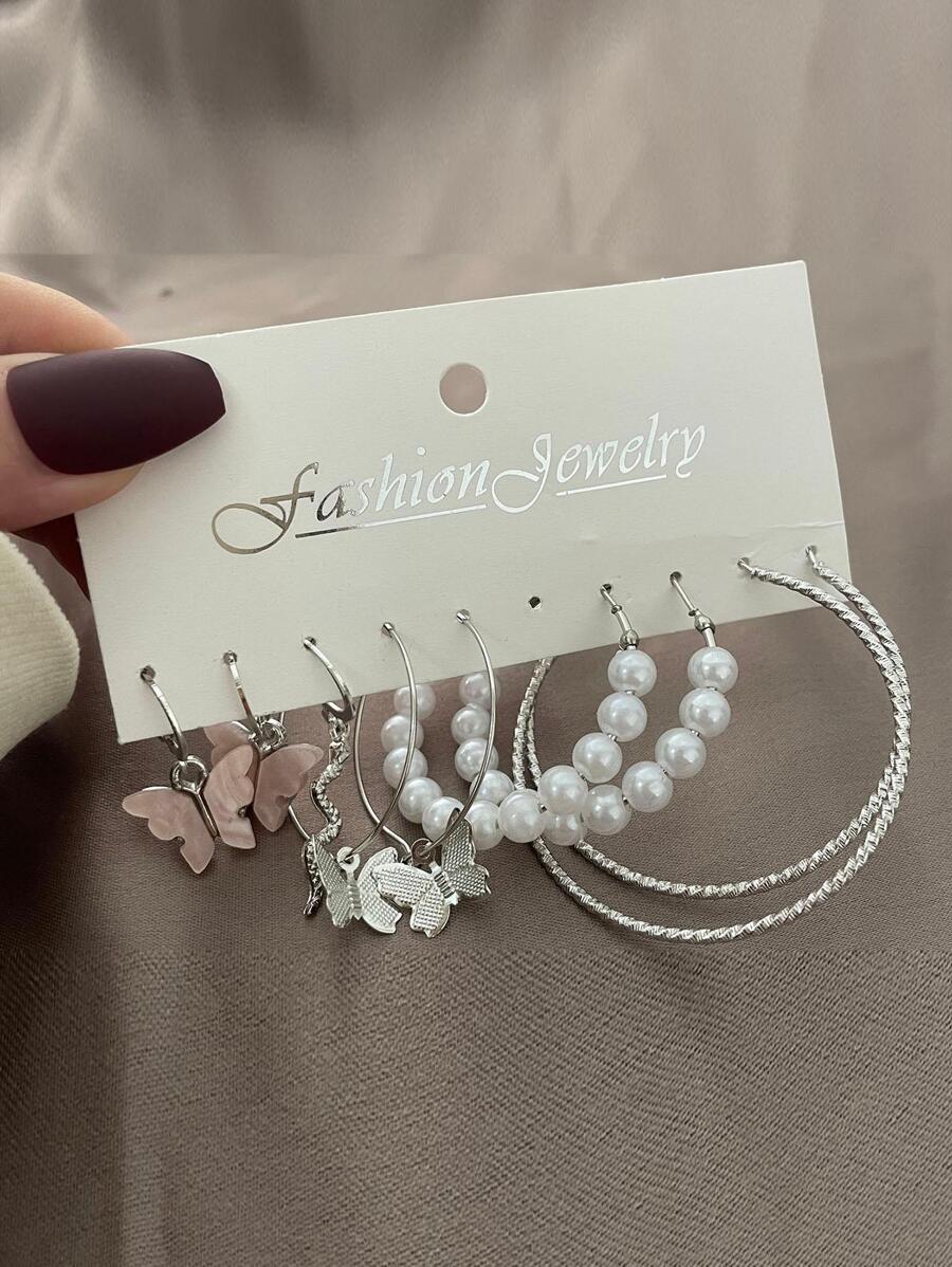 5pairs/set Butterfly & Faux Pearl Decor Earrings - Multicolor - View 1