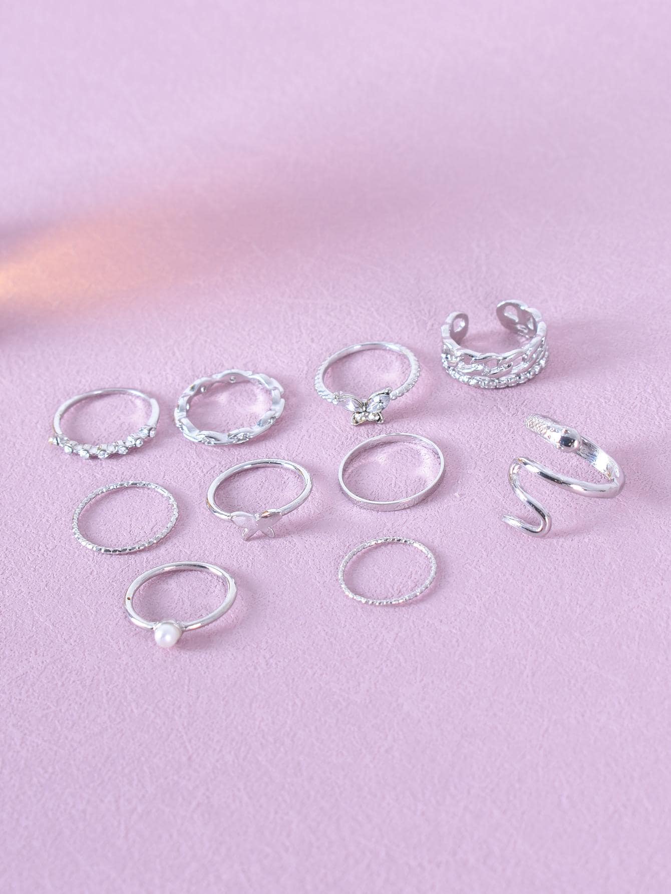 10件套欧美个性化复古仿珍珠缠绕扭曲几何戒指套装