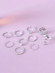 10件套欧美个性化复古仿珍珠缠绕扭曲几何戒指套装