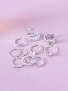 10件套欧美个性化复古仿珍珠缠绕扭曲几何戒指套装