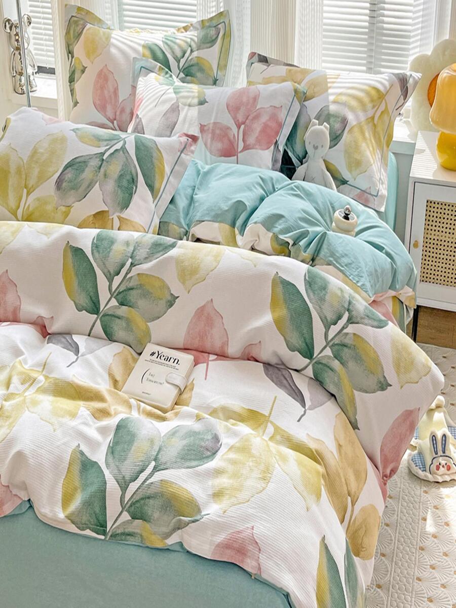 4入組花卉圖案杏被套套裝帶1入組2入組枕套不附帶現代柔軟的舒服的床上用品被套套裝適用於臥室 - 杏色 - 查看 1