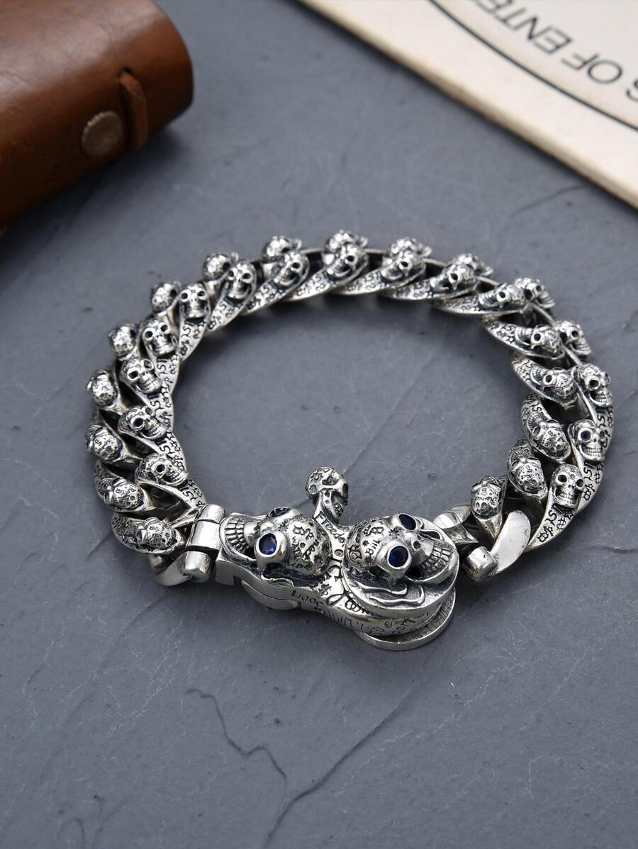 男士骷髏裝飾鍊式手鍊，打造時尚外觀，適合派對禮物 - 復古銀色 - 查看 1
