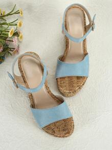 Xăng đan nêm có dây đeo mắt cá chân tối giản cho nữ, Xăng đan giả da lộn màu xanh lam cho kỳ nghỉ - Màu xanh lam - Xem 5