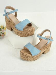 Xăng đan nêm có dây đeo mắt cá chân tối giản cho nữ, Xăng đan giả da lộn màu xanh lam cho kỳ nghỉ - Màu xanh lam - Xem 4