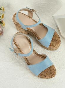 Xăng đan nêm có dây đeo mắt cá chân tối giản cho nữ, Xăng đan giả da lộn màu xanh lam cho kỳ nghỉ - Màu xanh lam - Xem 2