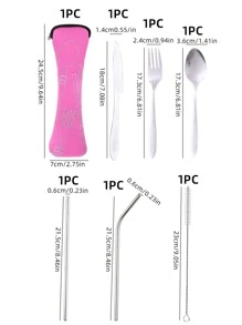 7pcs Stainless Steel Portable Cutlery Set- Knife, Fork, Spoon, Straight Straw, Curved Straw, Straw Brush, With Portable Bag, Suitable For Outdoor Camping, Picnic, Student Canteen Use, Kitchen, Christmas Gift,School Supplies - Pink - View 2