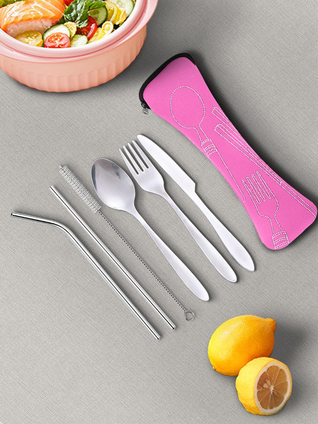 7pcs Stainless Steel Portable Cutlery Set- Knife, Fork, Spoon, Straight Straw, Curved Straw, Straw Brush, With Portable Bag, Suitable For Outdoor Camping, Picnic, Student Canteen Use, Kitchen, Christmas Gift,School Supplies - Pink - View 1