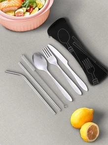 7 件不锈钢便携式餐具套装刀叉勺直吸管弯吸管吸管刷便携包，适用于户外露营、野餐、学生餐厅、厨房、圣诞礼物、学校用品 - 黑色 - 查看 1
