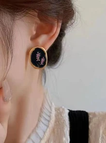 花細節橢圓形耳釘 - 黑色 - 查看 2