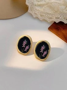 花細節橢圓形耳釘 - 黑色 - 查看 3