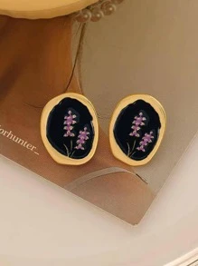 花細節橢圓形耳釘 - 黑色 - 查看 4