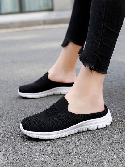 حذاء مبسط مضلع حذاء مولر رياضي أسود خارجي قماش كاجوال نساء