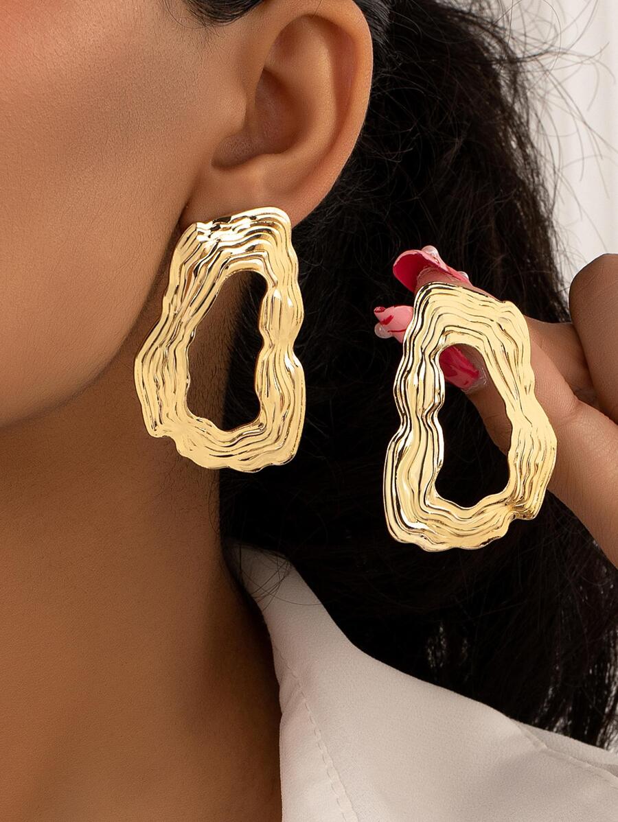 Textured Metal Stud Earrings - Yellow Gold - View 1