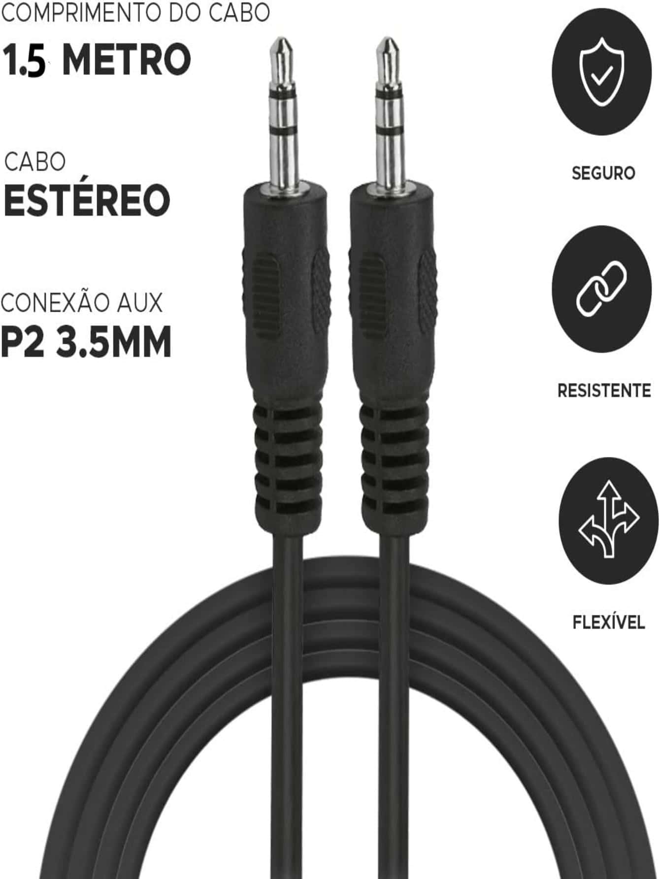 Cabo Auxiliar P2 x P2 Stereo ,1.5M - Preto - Visão 1