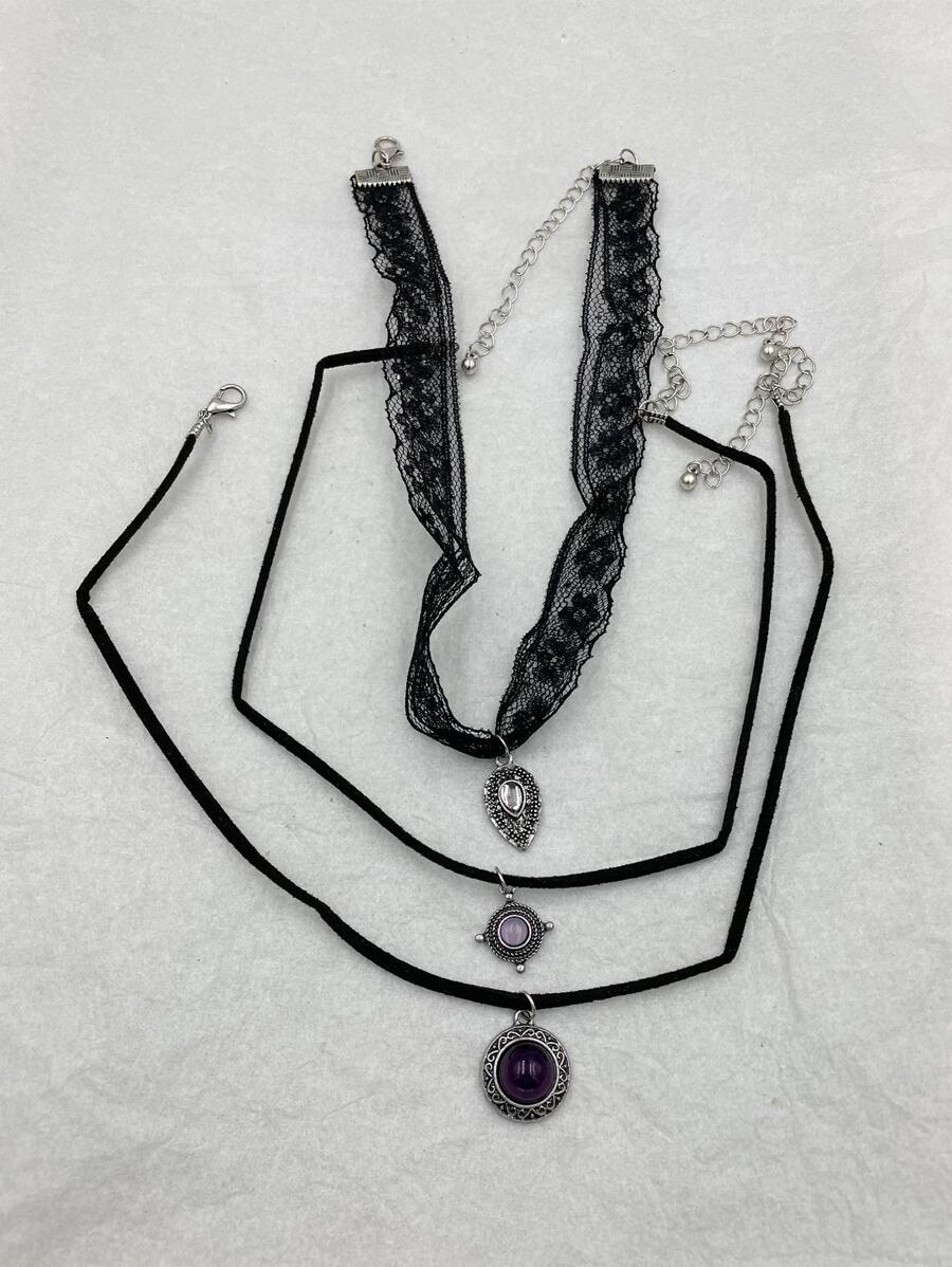 3pcs/set Round Charm Choker - Black - View 1