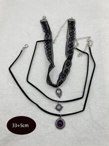 3pcs/set Round Charm Choker - Black - View 3