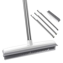 Rubber Broom With Squeegee Fur And Long Handle, Carpet Rake And Lint Brush Set Sweeping Rug Brush