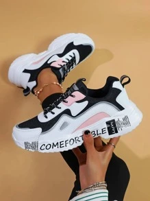 Giày thể thao chunky thể thao cho nữ, Đồ họa chữ cái Colorblock cột dây phía trước - Nhiều màu - Xem 1
