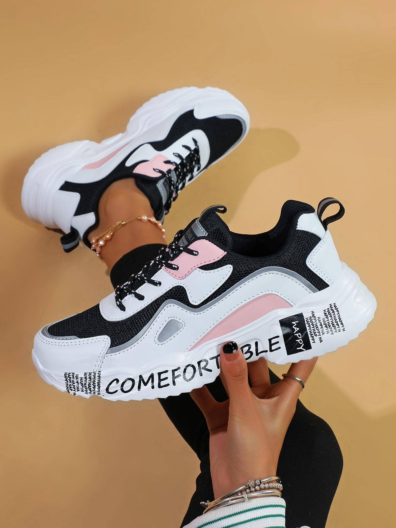 Giày thể thao chunky thể thao cho nữ, Đồ họa chữ cái Colorblock cột dây phía trước - Nhiều màu - Xem 1