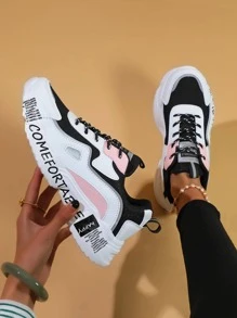 Giày thể thao chunky thể thao cho nữ, Đồ họa chữ cái Colorblock cột dây phía trước - Nhiều màu - Xem 2