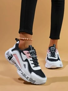 Giày thể thao chunky thể thao cho nữ, Đồ họa chữ cái Colorblock cột dây phía trước - Nhiều màu - Xem 3